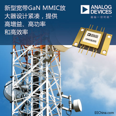 ADI推出宽带GaN MMIC放大器，设计紧凑，提供高增益、高功率和高效率