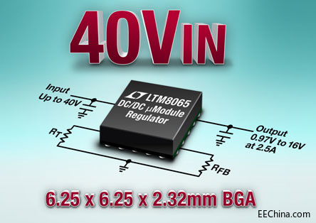 照片说明：40VIN、2.5A μModule 稳压器仅需 4 个外部组件