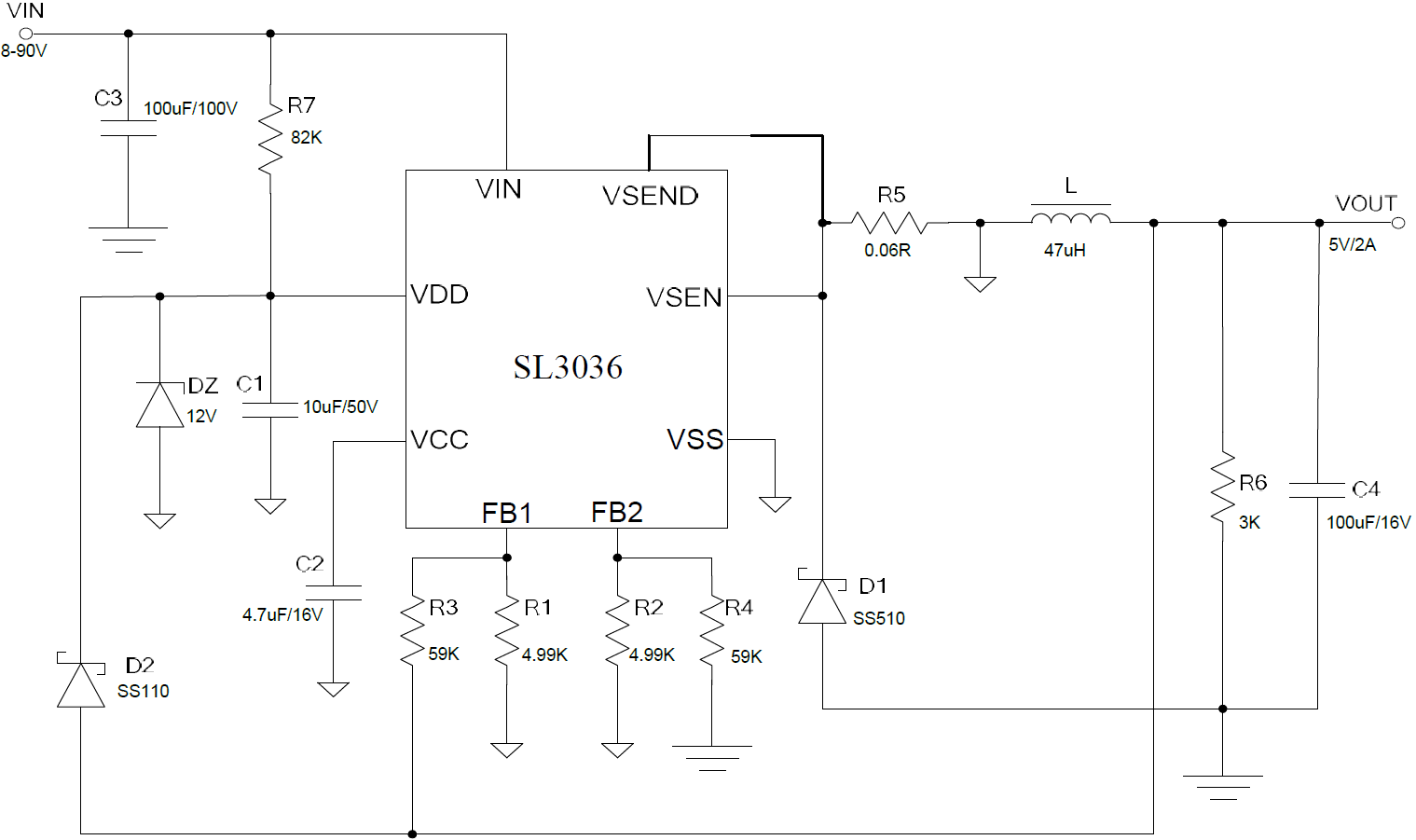 SL3036 SL3036H SL3038电路原理图 60V 72V 90V开关型降压IC