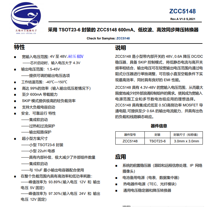 60V耐压，0.6A高效率DC/DC同步降压芯片--ZCC5148
