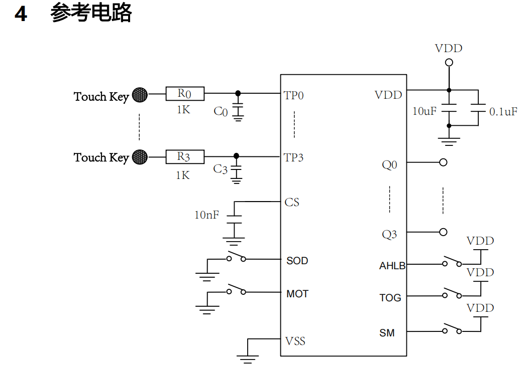 VK3604A 4按键触摸触控芯片 多种输出方式选择：锁存/直接输出/CMOS输出或者开漏输出