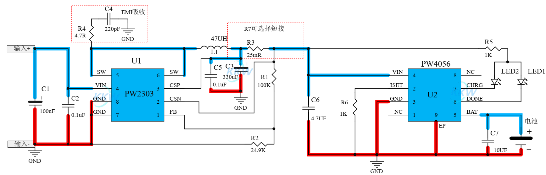 5V-24V输入单节锂电池1A充电板电路IC