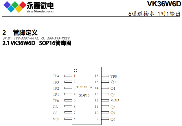 六路水位检测抗干扰水检芯片VK36W6D/QFN16-封装