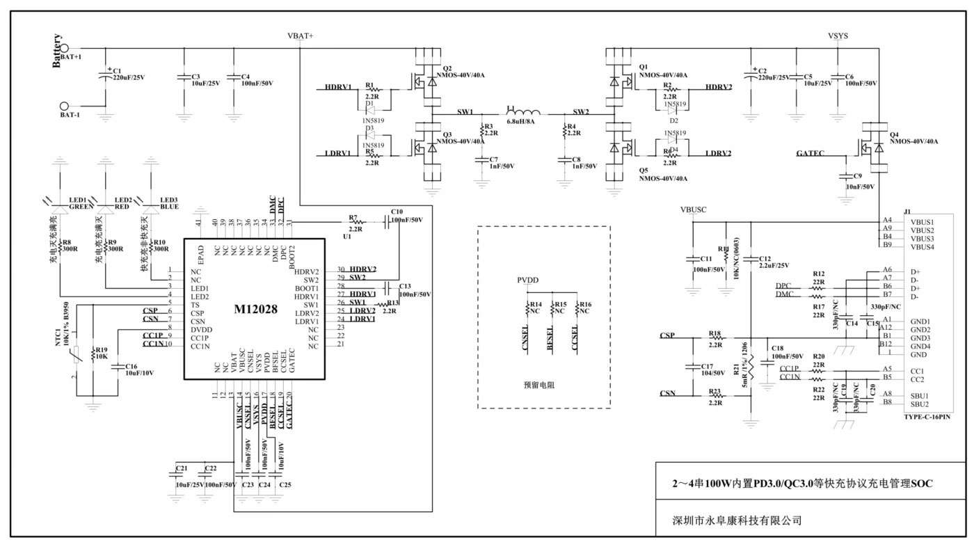 M12028  内置快充协议、Type-C输入2/3/4节锂电池5A大电流充电管理IC方案
