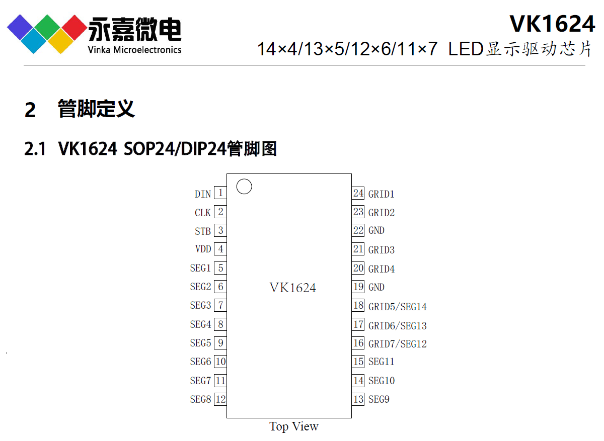 VK1624 SOP24/DIP24数显屏驱动芯片抗干扰LED驱动IC点阵LED驱动 永嘉原厂FAE支持
