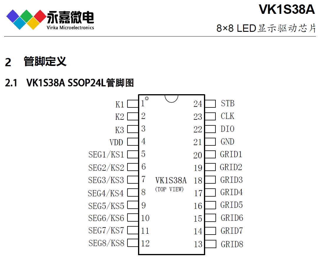 8段×8位LED驱动芯片数码管驱动IC抗干扰数显驱动器VK1S38A SSOP24L