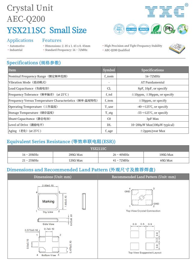 无源车规级谐振器，50MHz，封装尺寸2016，总频差±80PPM，适用于汽车编码器