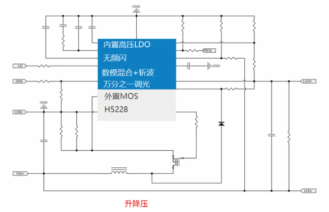 影视灯方案 H5228升降压恒流芯片 48V60V80V100V共阳0.01%深度调光无频闪