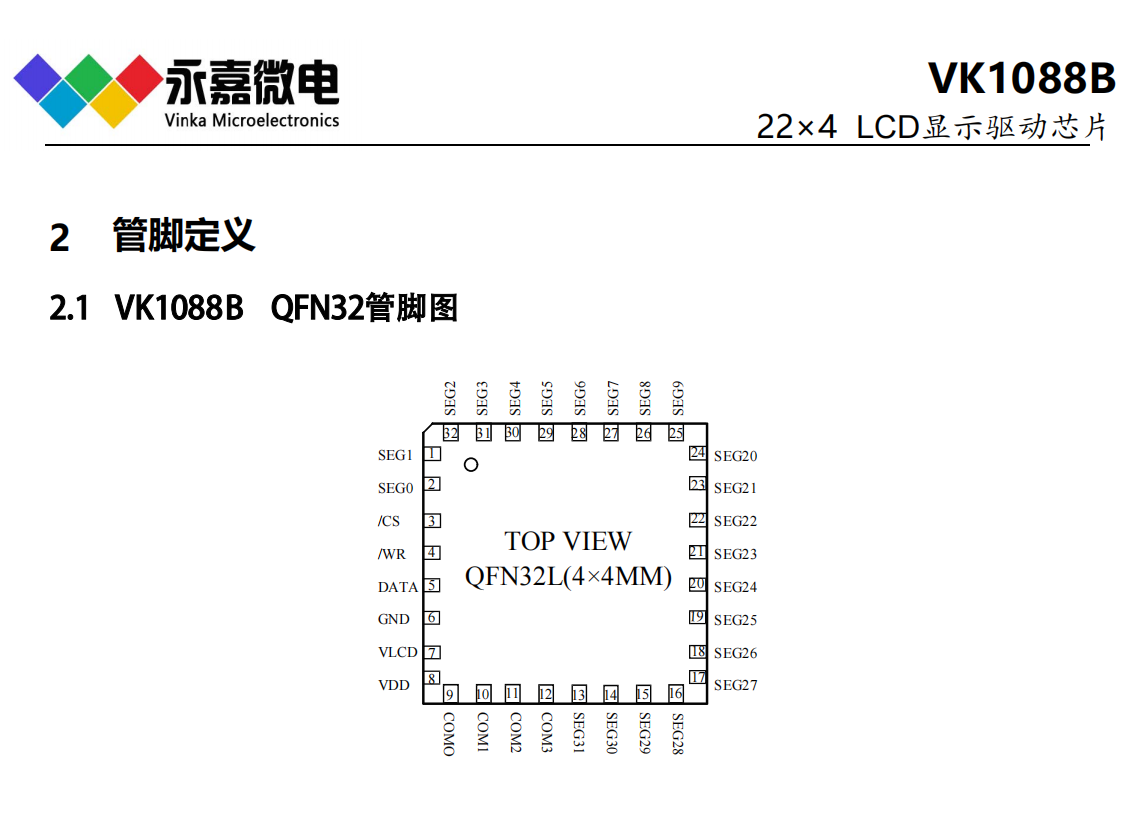 支持88点阵LCD液晶驱动器段码驱动IC小体积液晶驱动芯片VK1088B QFN32 原厂技术支持