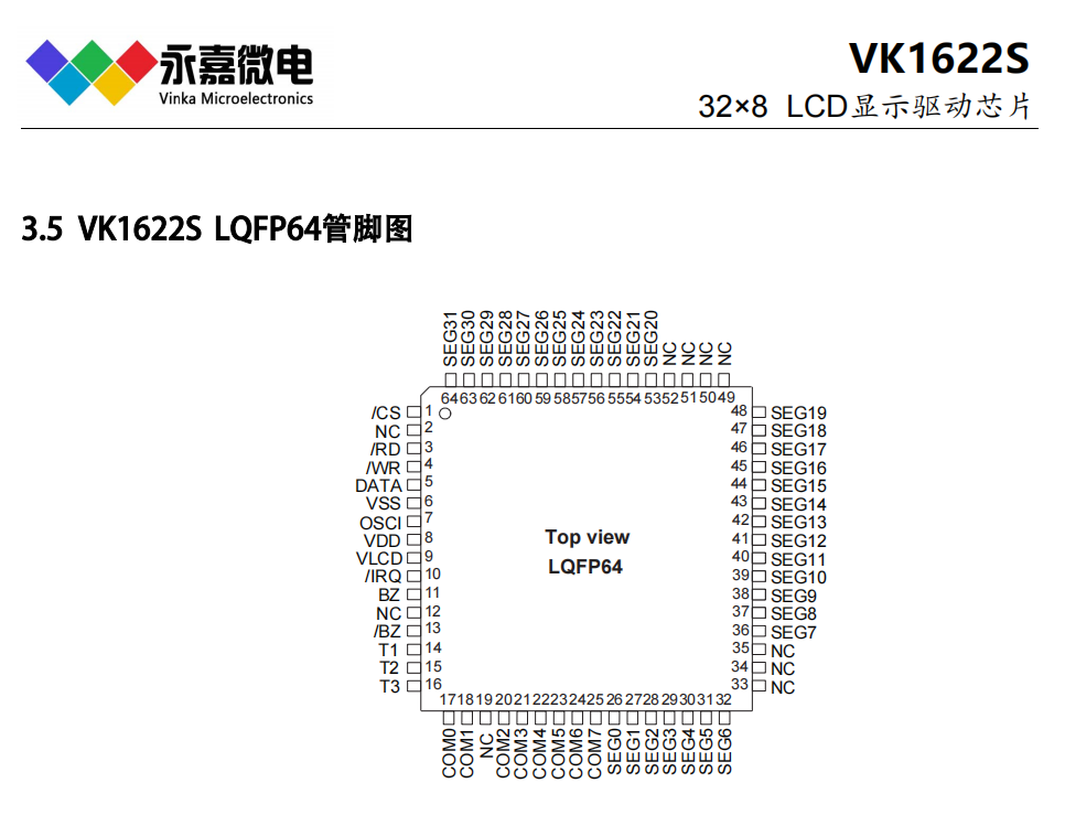 LCD液晶段码屏驱动器段码驱动芯片VK1622S LQFP44/48/52/64/QFP64/DICE/COG  3/4线通讯接口
