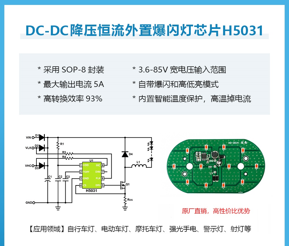 国产车灯芯片85V72V60V48V24V降压12V9V5A-H5031支持爆闪-高低亮-PWM-模拟调光方式