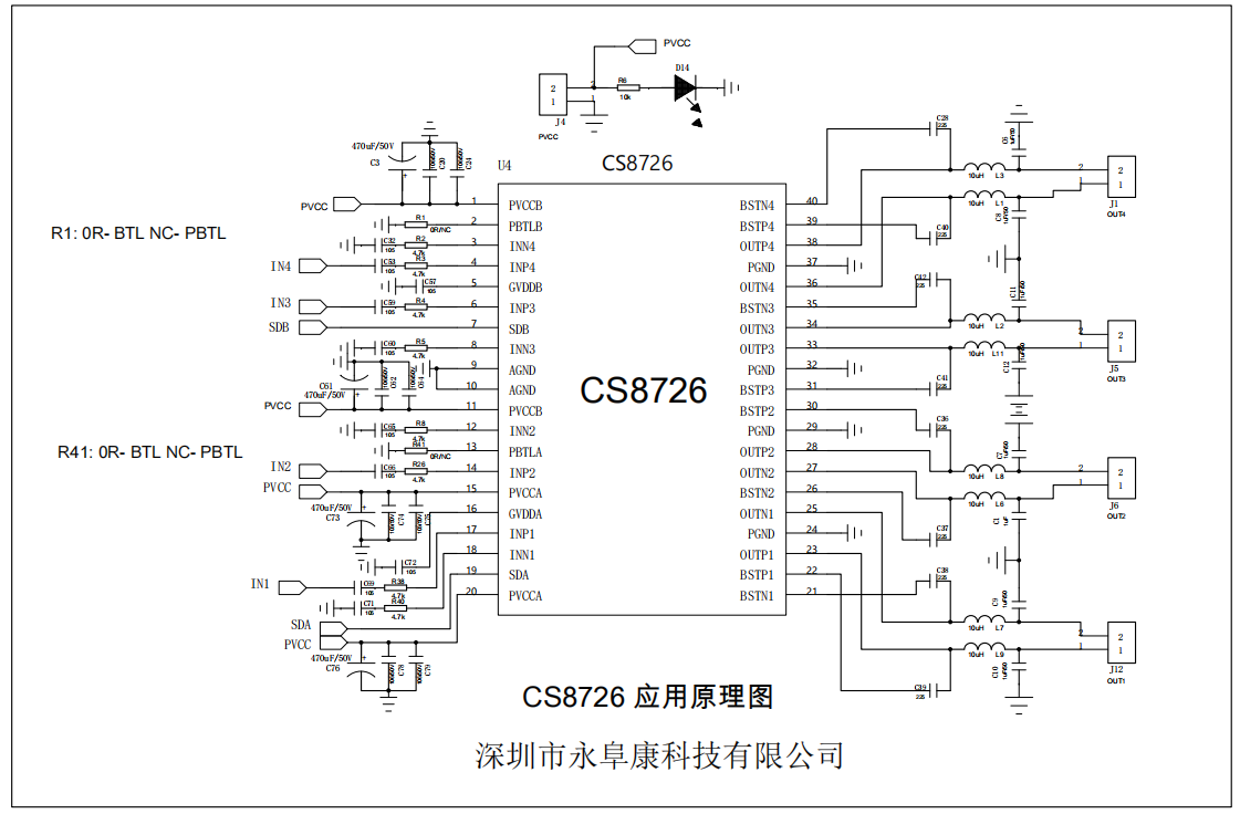 CS8726  4X70W四通道D类音频功放IC解决方案